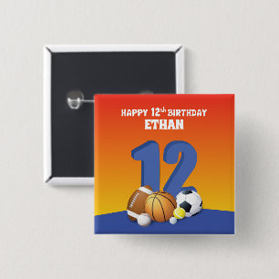 Custom Name Boy 12th Birthday Sports Balls 15 Cm Square Badge