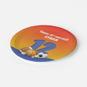 Custom Name Boy 12th Birthday Sports Balls Paper Plate