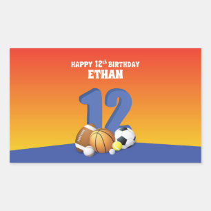 Custom Name Boy 12th Birthday Sports Balls Rectangular Sticker