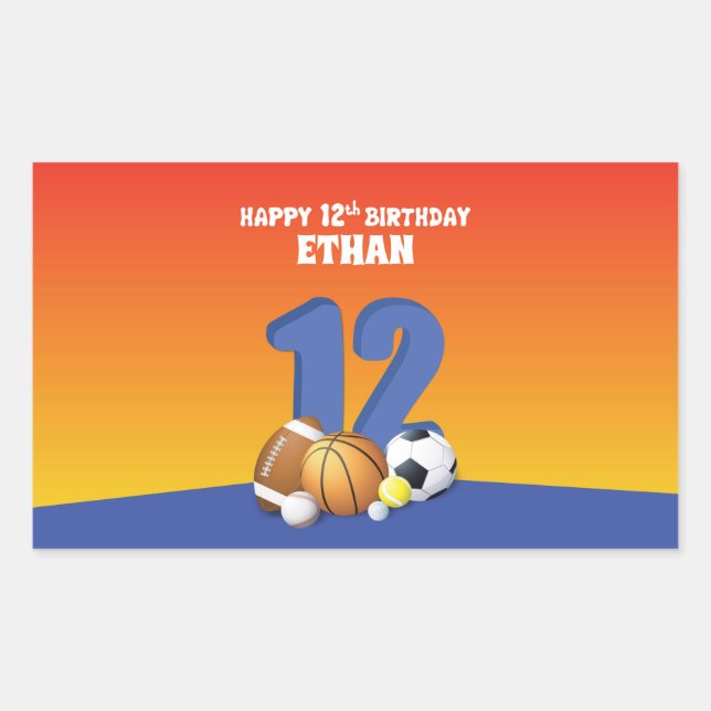 Custom Name Boy 12th Birthday Sports Balls Rectangular Sticker (Front)