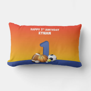 Custom Name Boy 1st Birthday Sports Balls Lumbar P Cushion