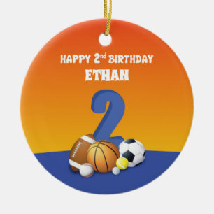 Custom Name Boy 2nd Birthday Sports Balls Ceramic Ornament