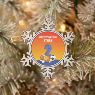 Custom Name Boy 2nd Birthday Sports Balls Snowflake Pewter Christmas Ornament