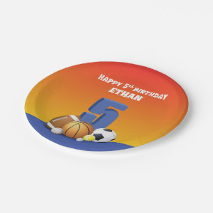 Custom Name Boy 5th Birthday Sports Balls Paper Plate
