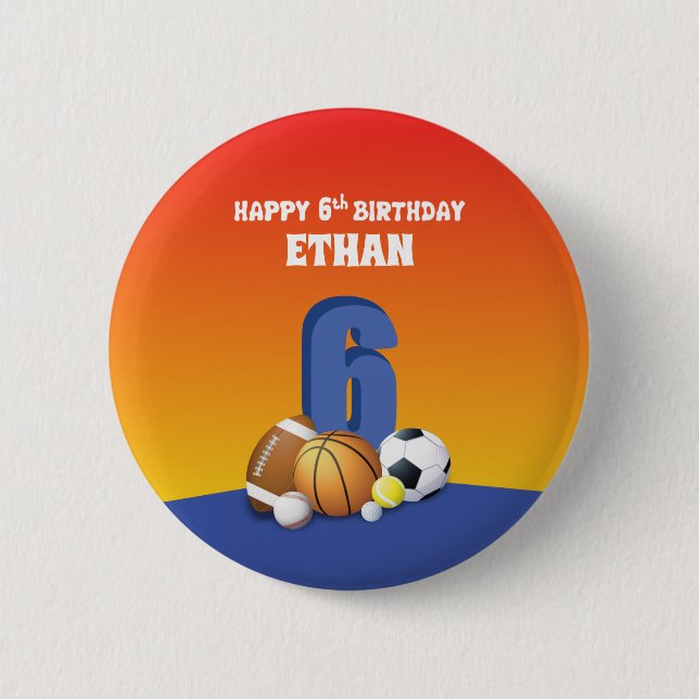 Custom Name Boy 6th Birthday Sports Balls 6 Cm Round Badge (Front)