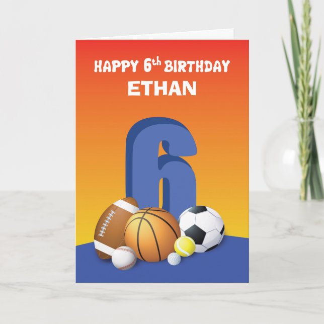 Custom Name Boy 6th Birthday Sports Balls Card (Front)