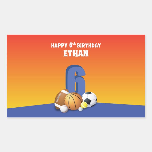 Custom Name Boy 6th Birthday Sports Balls Rectangular Sticker (Front)