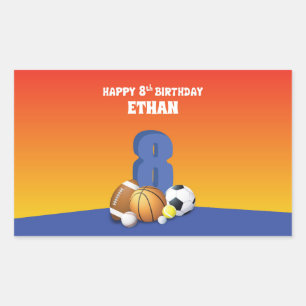 Custom Name Boy 8th Birthday Sports Balls Rectangular Sticker