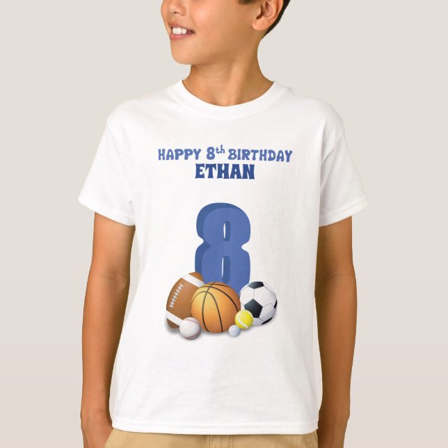 Custom Name Boy 8th Birthday Sports Balls T-Shirt (Front)