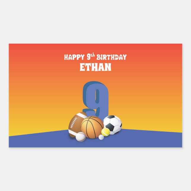 Custom Name Boy 9th Birthday Sports Balls Rectangular Sticker (Front)