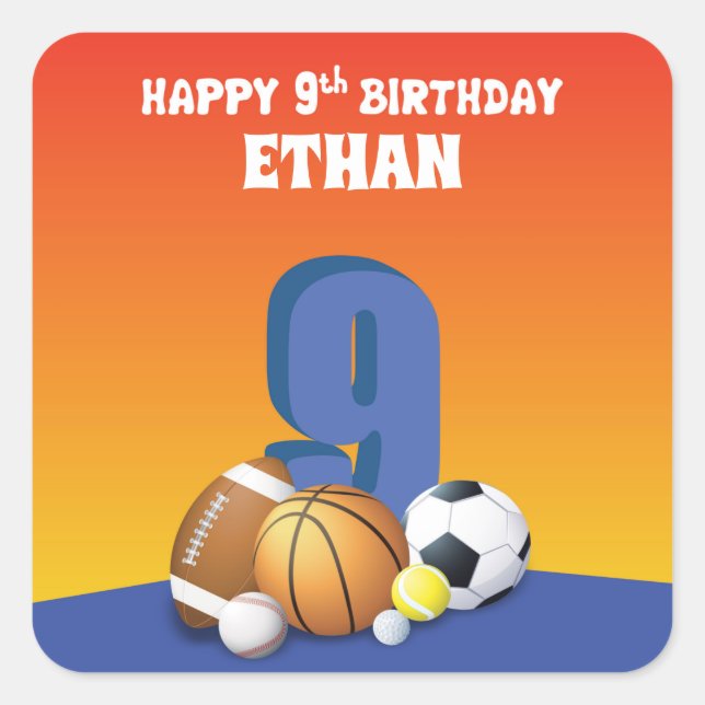 Custom Name Boy 9th Birthday Sports Balls Square Sticker (Front)