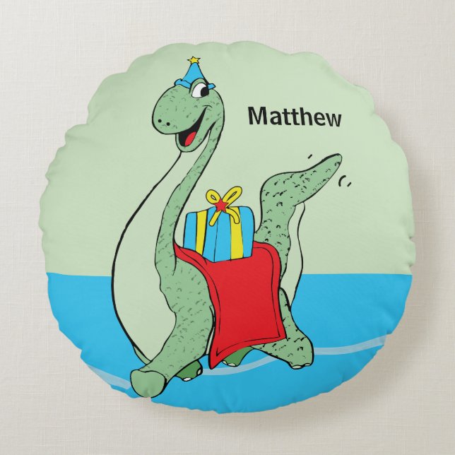 Custom Name, Boy, Birthday Dinosaur Round Cushion (Front)