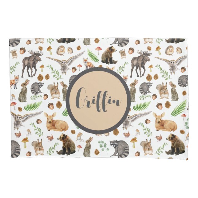 Custom Name Boy Pillow Case Forest Animal (Front)