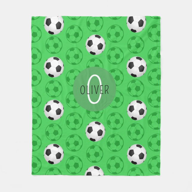 Custom Name Boys Soccer Ball Green Fleece Blanket (Front)