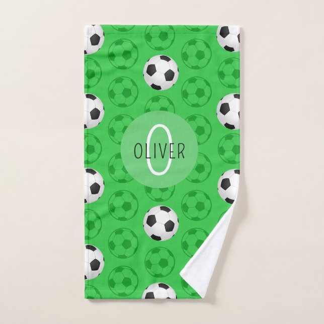 Custom Name Boys Soccer Ball Green Hand Towel (Hand Towel)