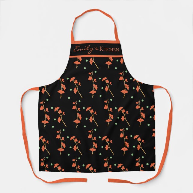 Custom name Brick Red Botanical Floral Apron (Front)