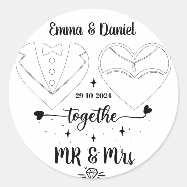 custom name bride and groom modern brush script  classic round sticker (Front)