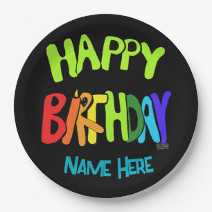 Custom Name Bright and Happy Birthday Paper Plate