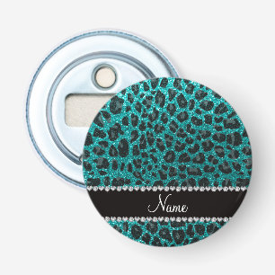 Custom name bright aqua glitter leopard print bottle opener