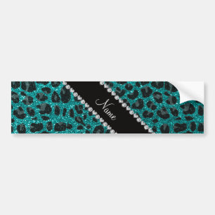 Custom name bright aqua glitter leopard print bumper sticker