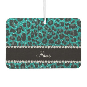 Custom name bright aqua glitter leopard print car air freshener