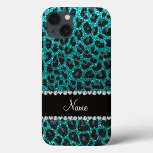 Custom name bright aqua glitter leopard print iPhone 13 case