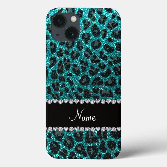 Custom name bright aqua glitter leopard print Case-Mate iPhone case (Back)