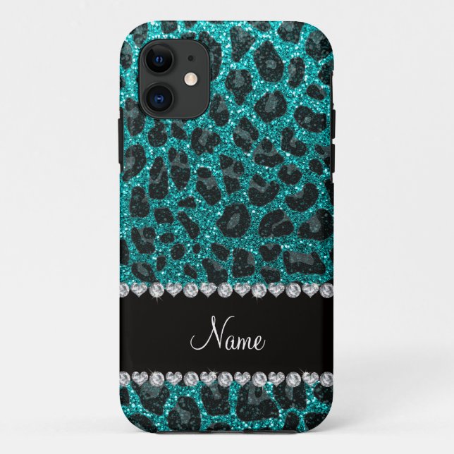 Custom name bright aqua glitter leopard print Case-Mate iPhone case (Back)