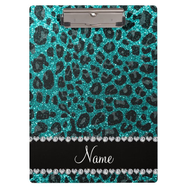 Custom name bright aqua glitter leopard print clipboard (Front)