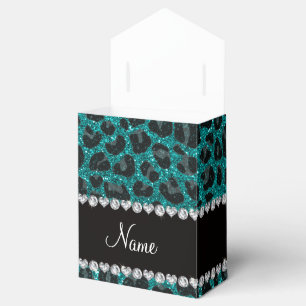 Custom name bright aqua glitter leopard print favour box