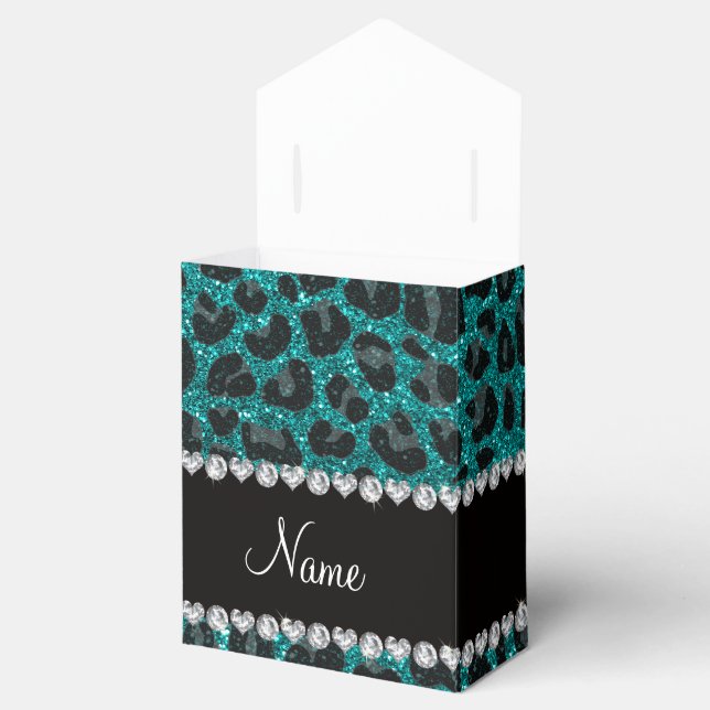 Custom name bright aqua glitter leopard print favour box (Opened)