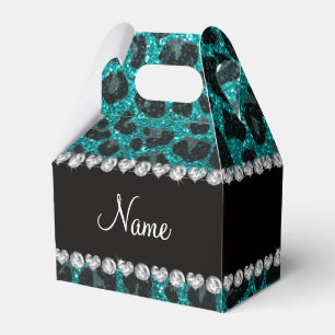 Custom name bright aqua glitter leopard print favour box
