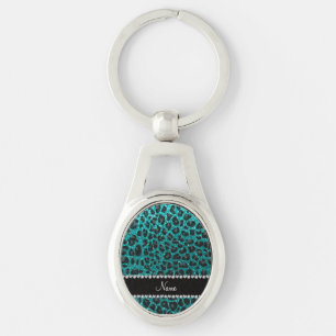 Custom name bright aqua glitter leopard print key ring