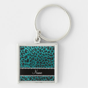 Custom name bright aqua glitter leopard print key ring