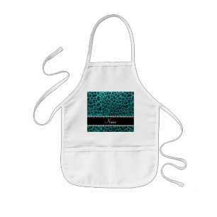 Custom name bright aqua glitter leopard print kids apron