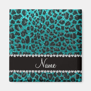 Custom name bright aqua glitter leopard print magnet