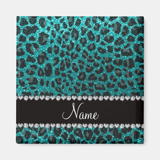 Custom name bright aqua glitter leopard print magnet (Front)