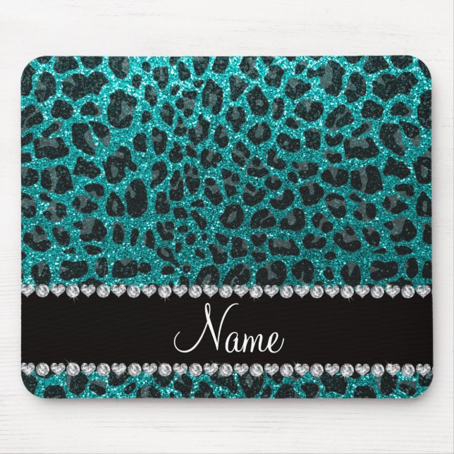 Custom name bright aqua glitter leopard print mouse pad (Front)