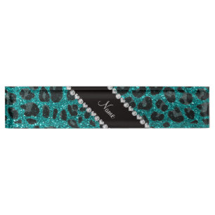 Custom name bright aqua glitter leopard print nameplate