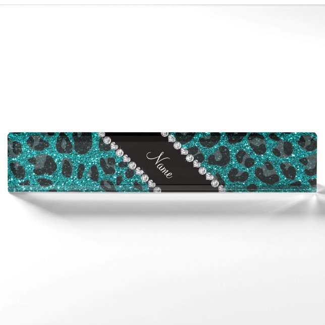 Custom name bright aqua glitter leopard print nameplate (Front)