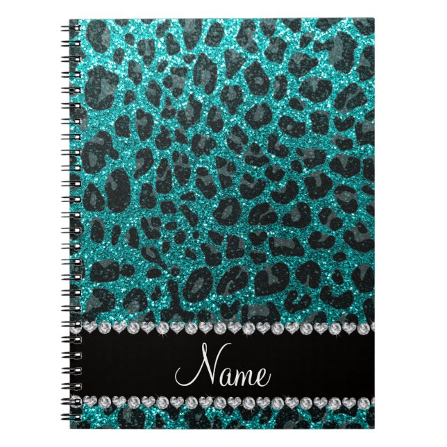 Custom name bright aqua glitter leopard print notebook (Front)