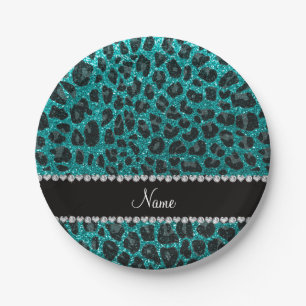 Custom name bright aqua glitter leopard print paper plate