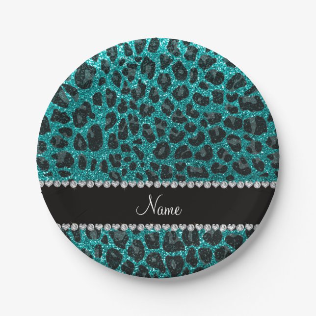 Custom name bright aqua glitter leopard print paper plate (Front)