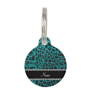 Custom name bright aqua glitter leopard print pet tag