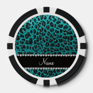 Custom name bright aqua glitter leopard print poker chips