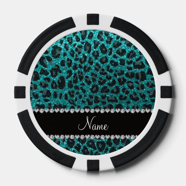 Custom name bright aqua glitter leopard print poker chips (Front)