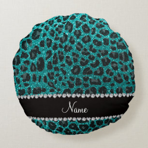 Custom name bright aqua glitter leopard print round cushion