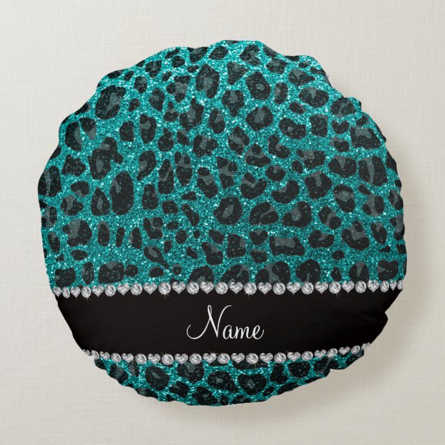 Custom name bright aqua glitter leopard print round cushion (Back)