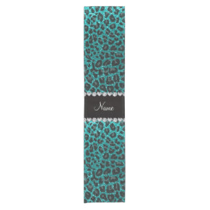 Custom name bright aqua glitter leopard print short table runner