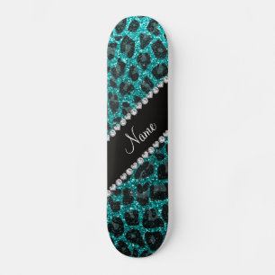 Custom name bright aqua glitter leopard print skateboard